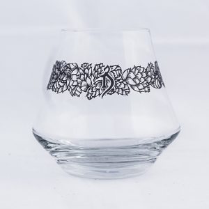 Stemless tasting glass with black hop wreath and Alchemist logo