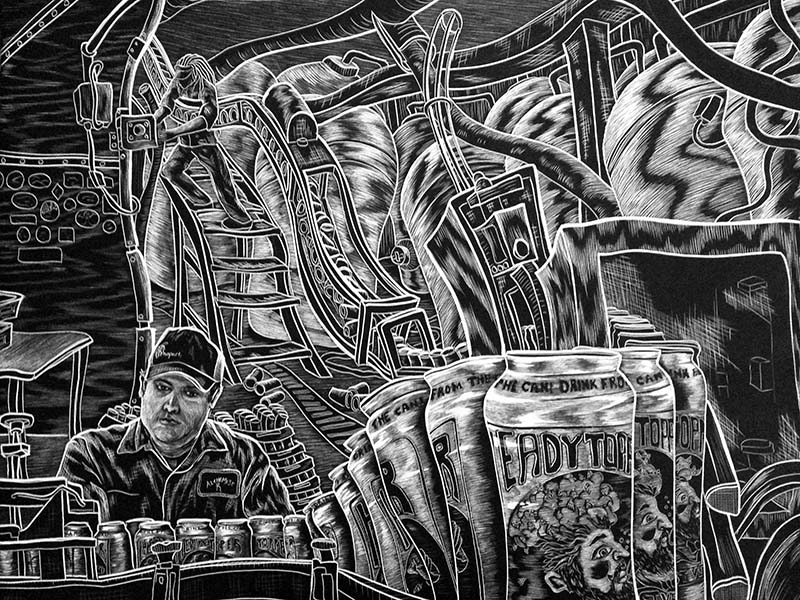 Click to view Drew Mullen artist website. Image shows scratchboard illustration by Drew Mullen of Alchemist canning line.