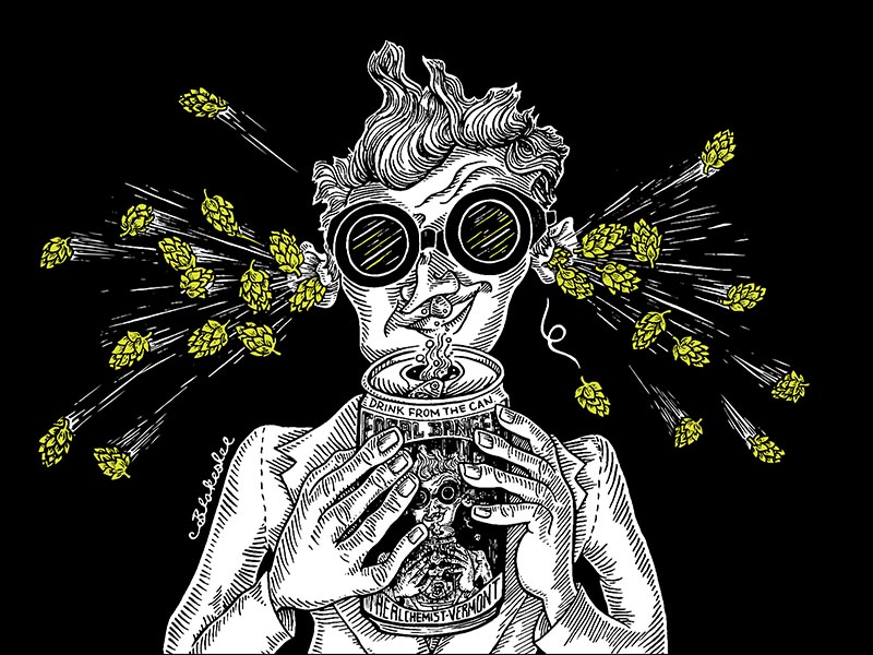 Click to view Dan Blakeslee website. Image by Blakeslee. Focal Banger logo. Bespectacled, wild-haired man sniffing beer can. Hops explode from ears and can.