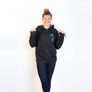 Female modeling Charcoal grey zip hoodie with pockets and heady topper logo on front left chest. Front view.
