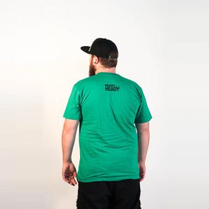 Male modeling green tee with Heady Topper logo. Back design is in black and reads "Ready For a Heady?"