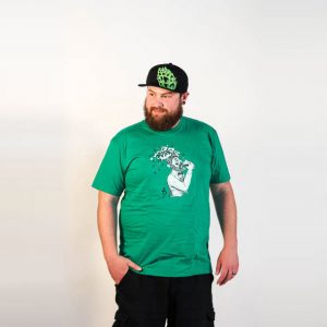 Male modeling Green tee with black and white Heady Topper logo.