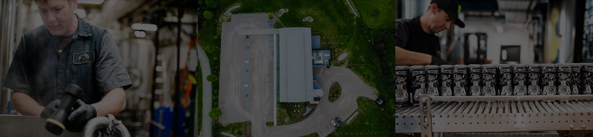 contact-header three-image banner. Male brewer hosing mash tun; birdseye view of Stowe brewery exterior; long line of focal banger cans on canning line