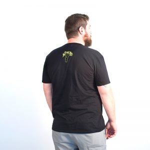 Male modeling black tee with hop wreath on left side. Back design is Alchemist logo with state of Vermont. Back view..