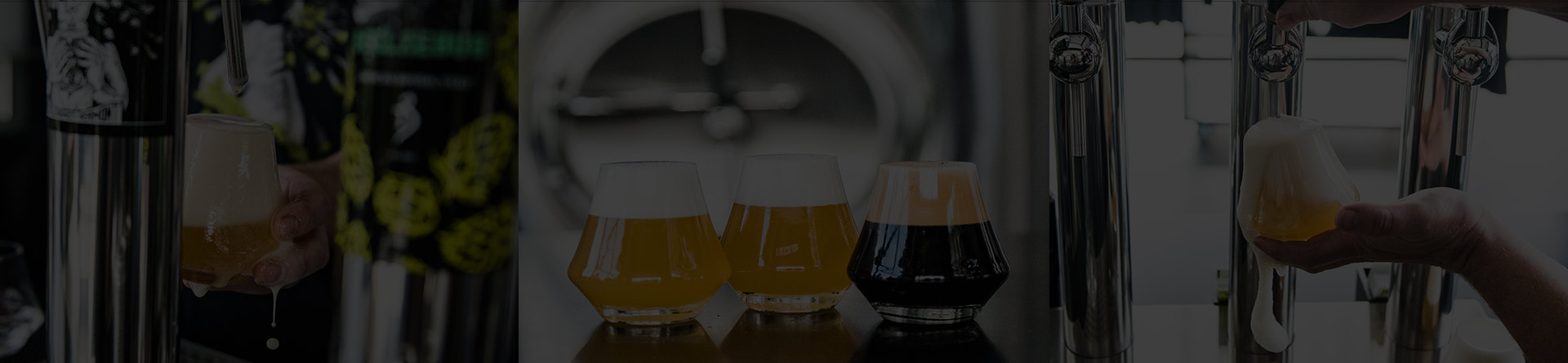 videos-header Three image banner. View of taps with tasting glass; Three freshly poured tasters; Overflowing taster getting poured at tap