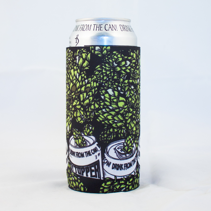 Tall neoprene coozie pictured with 16 ounce can. Coozie graphic depicts cans with hops exploding from top.