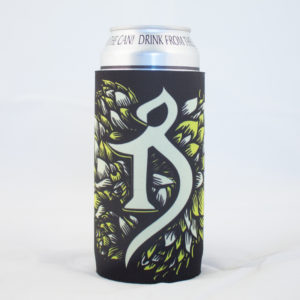 Front view black neoprene coozie covers 16 ounce can. Graphic is black with Alchemist logo and green hops.