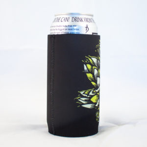 Black neoprene coozie covers 16 ounce can. Graphic is black with Alchemist logo and green hops.