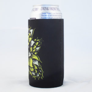 Black neoprene coozie covers 16 ounce can. Graphic is black with Alchemist logo and green hops.