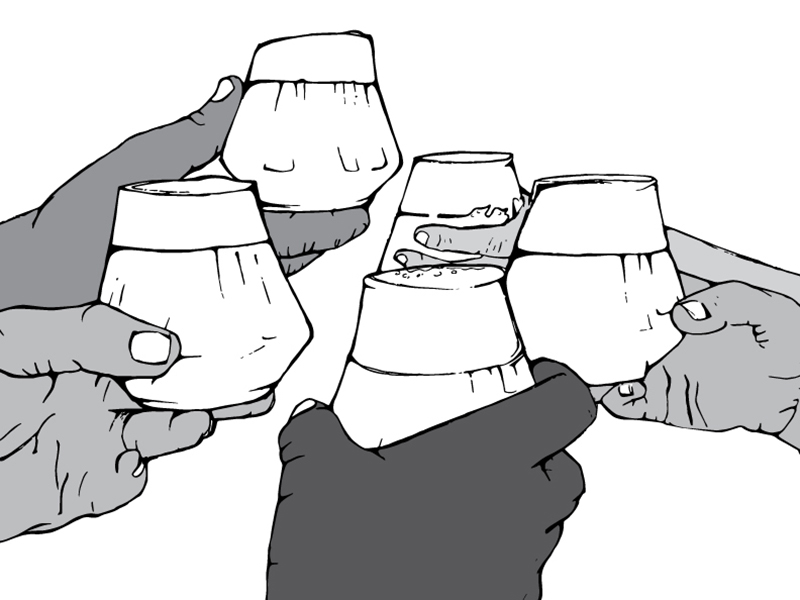 All are welcome here graphic of multicultural hands clinking glasses
