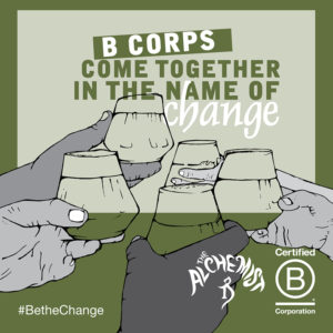 BCorps come together in the name of change. Illustration of multicultural hands clinking glasses.