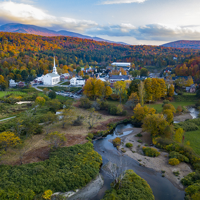 aerial view of downtown Stowe during foliage