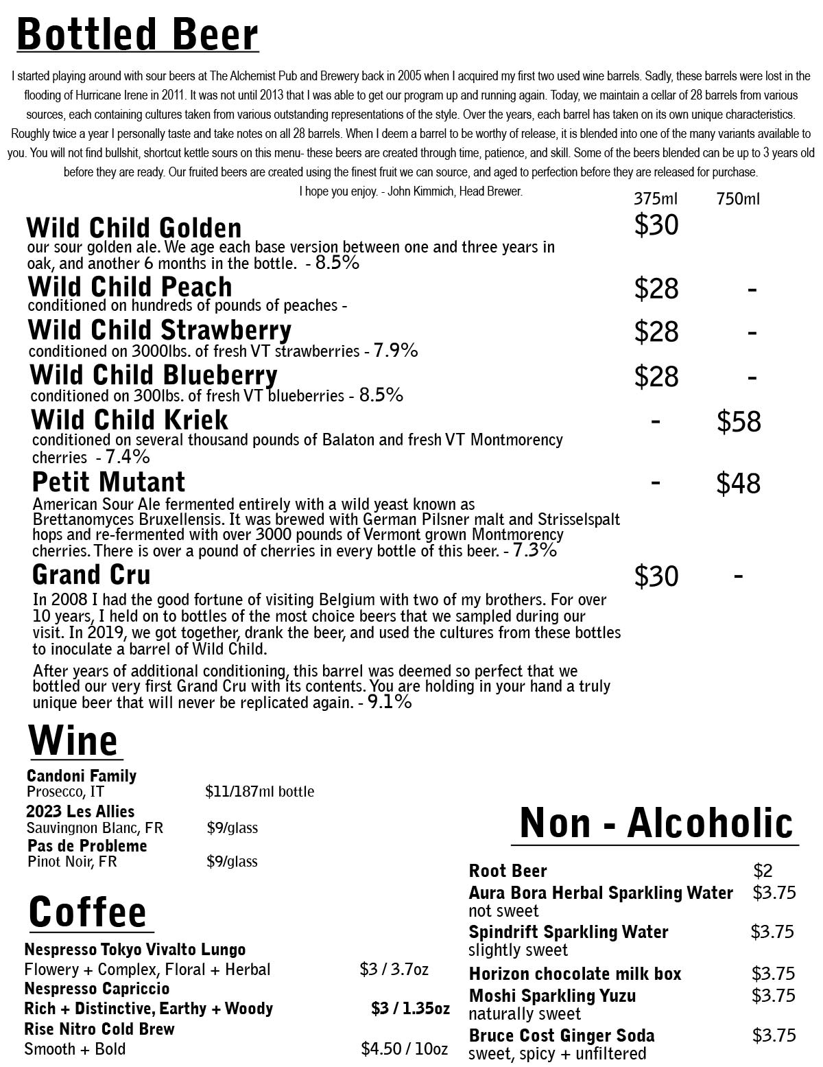 Beer Cafe menu from January 10, 2025. Menu subject to change.