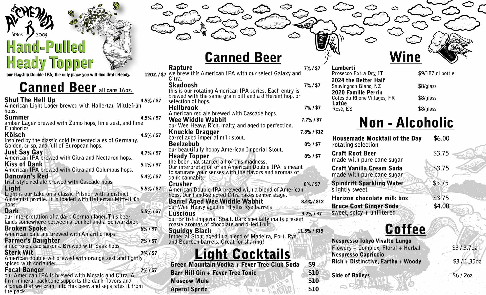 Image of the current menu at the alchemist beer cafe in stowe vermont
